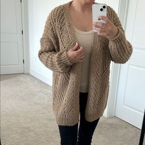 Medium women’s knitted Mocha Cozy Chunky Open-Front Cardigan Sweater - Taupe